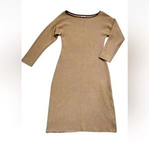 Anne Klein Women Ribbed Knit Sweater Dress Tan 3/4 Sleeve Size S